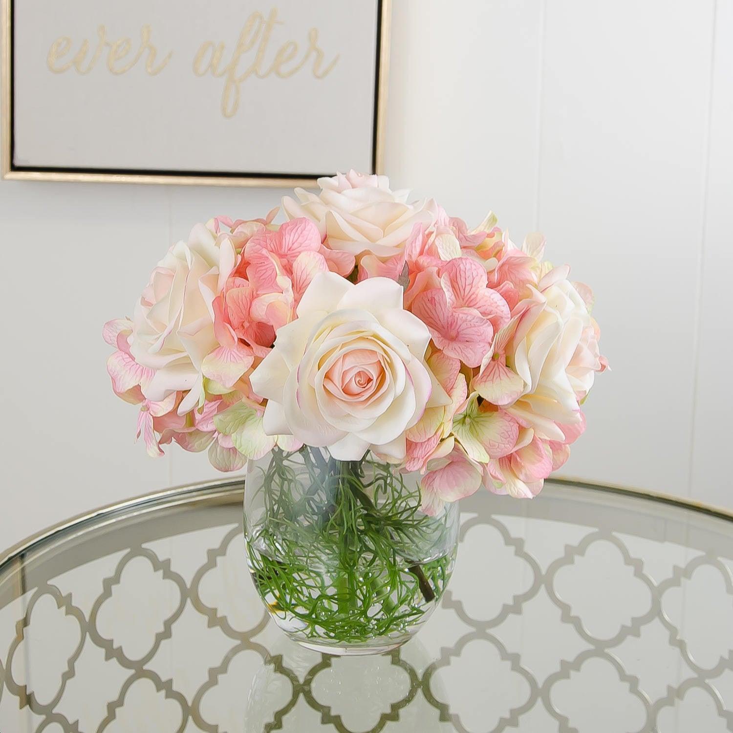 Real Touch Ivory Light Pink Tipped Roses Arrangement - Flovery Main image