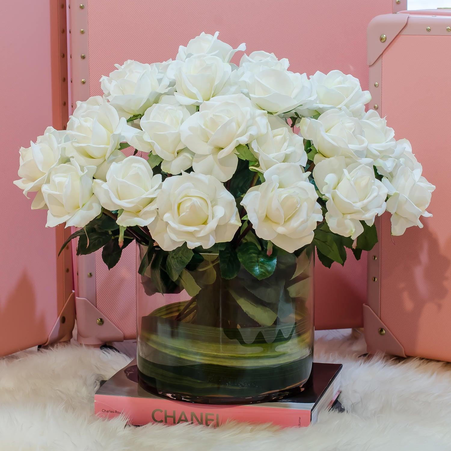 Very Large White Real Touch Rose Cylinder Arrangement - Flovery Main image