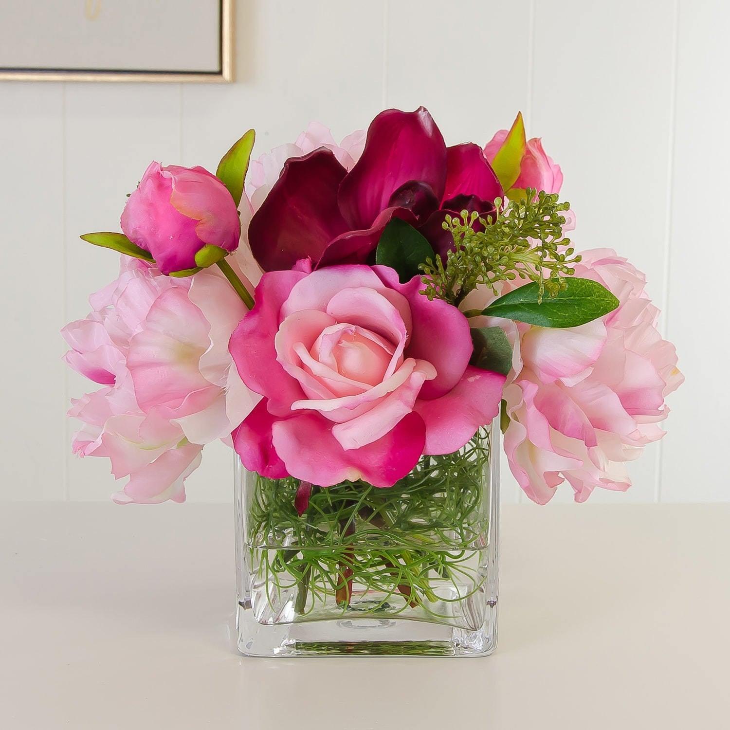 Real Touch Pink Roses Red Orchid Silk Peonies Arrangement - Flovery