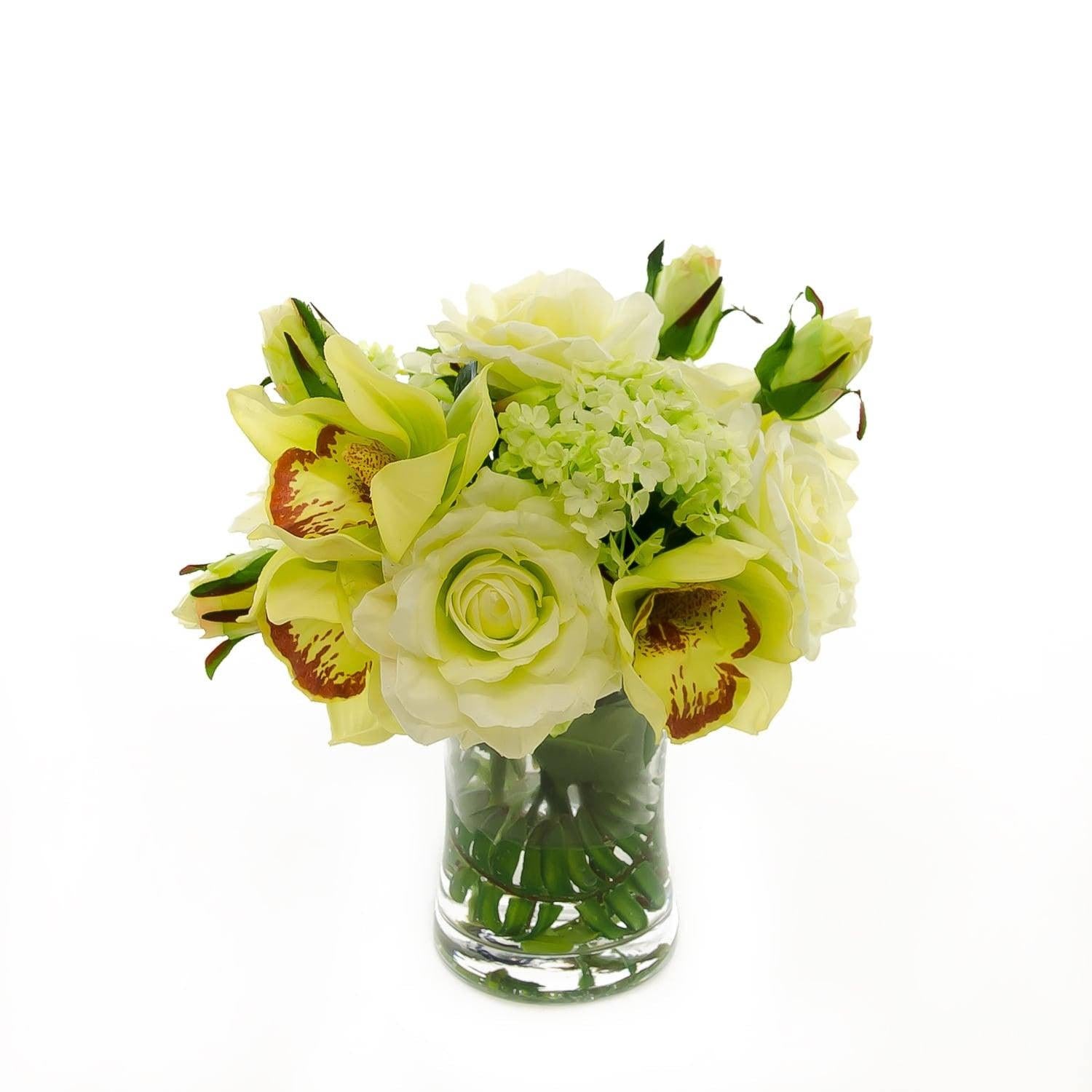 Real Touch Green Hydrangeas White Roses Orchid Arrangement - Flovery
