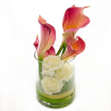 Real Touch Pink Calla Lilies White Roses Cylinder Arrangement - Flovery