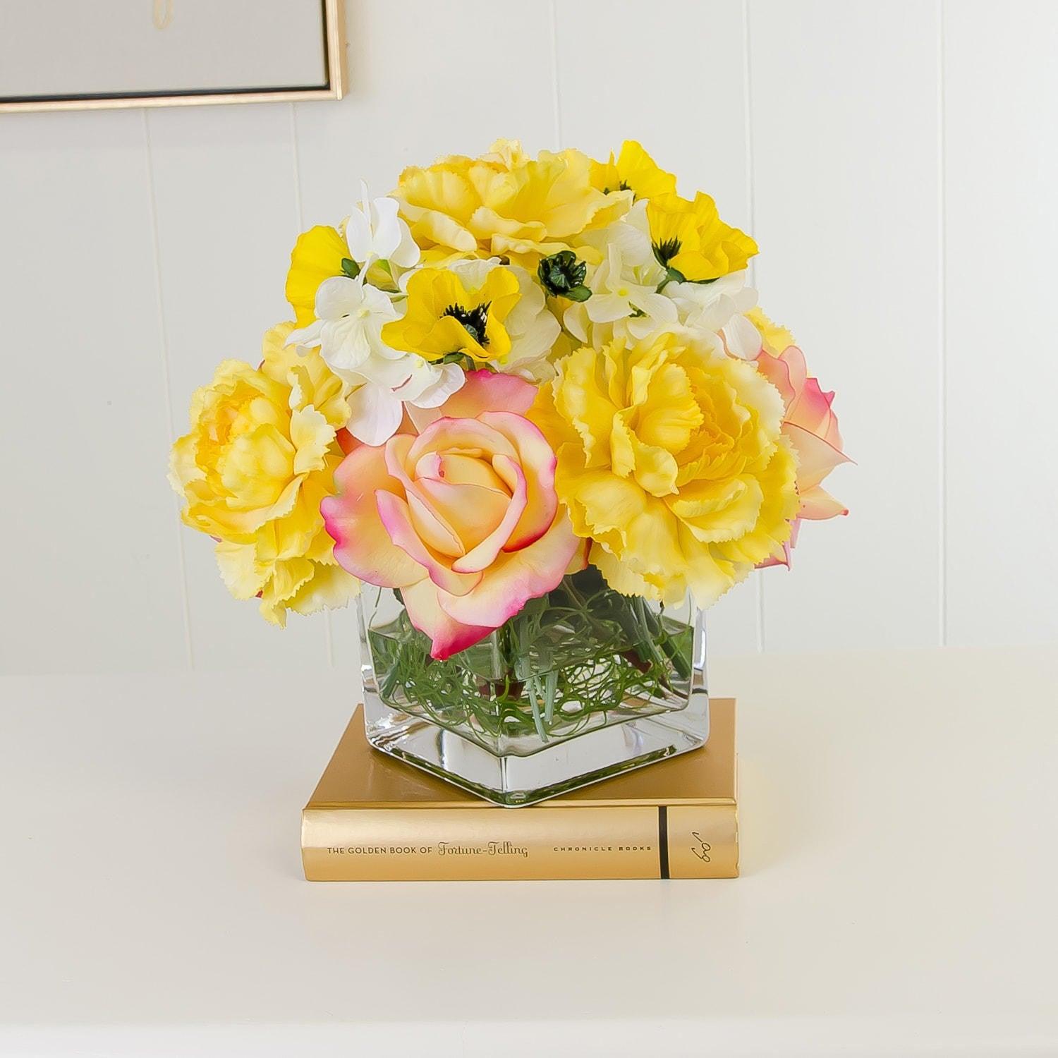 Real Touch Yellow Roses Carnation Hydrangeas Arrangement - Flovery