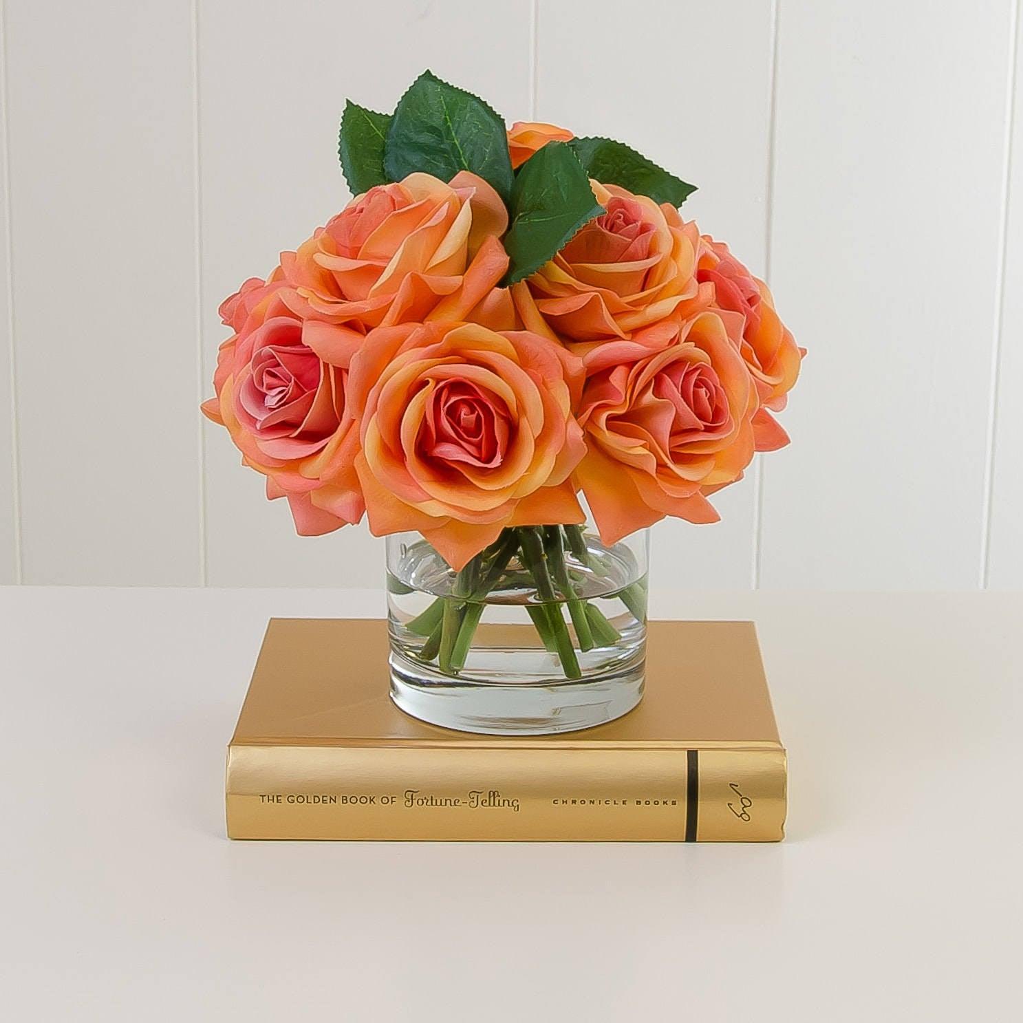 Real Touch Peach Orange Roses Arrangement Cylinder - Flovery Main image