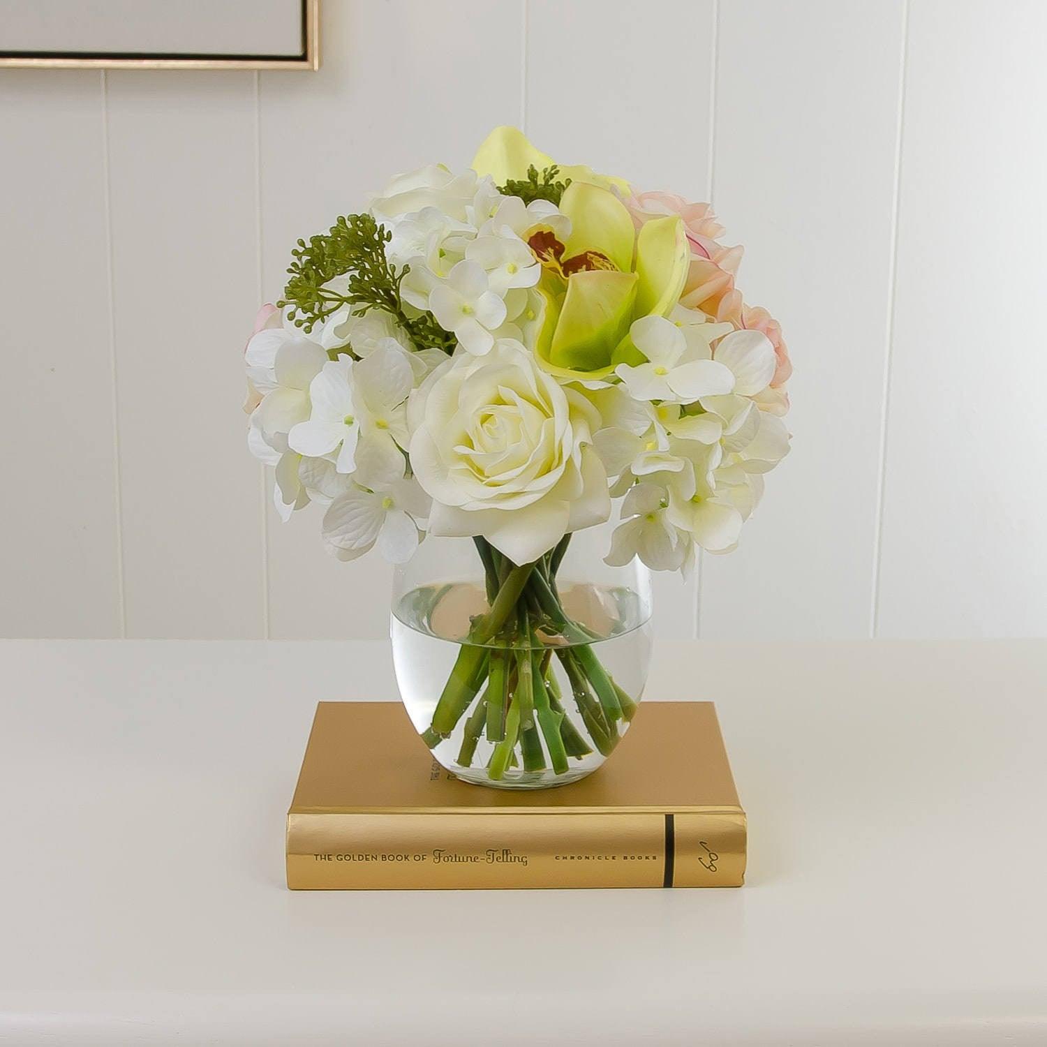 Real Touch White Ivory Pink Rose Orchid Hydrangea Arrangement - Flovery