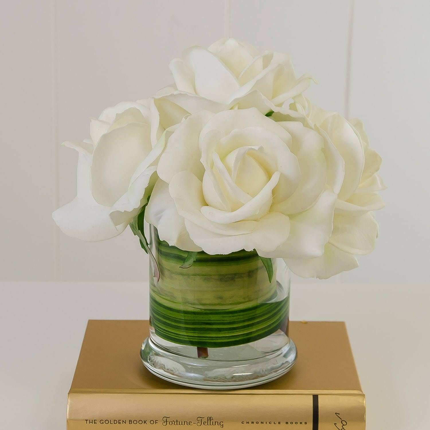 White Real Touch Rose Arrangement Cylinder Foliage Secondary image