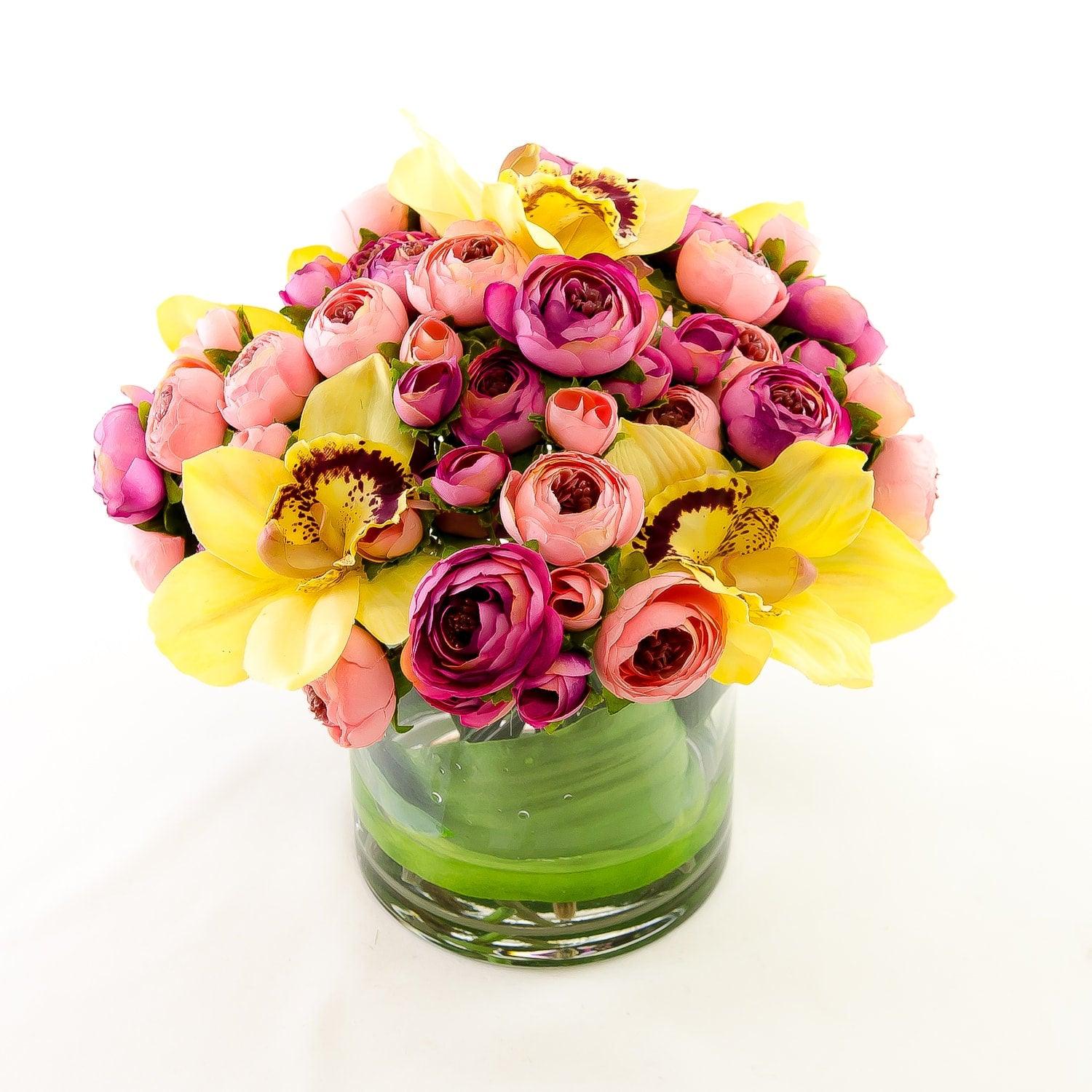 Real Touch Yellow Orchids Pink Primerose Arrangement - Flovery