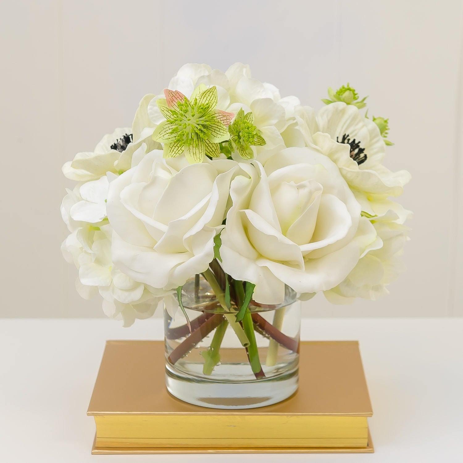 White Real Touch Rose Hydrangea Poppy Arrangement - Flovery Main image