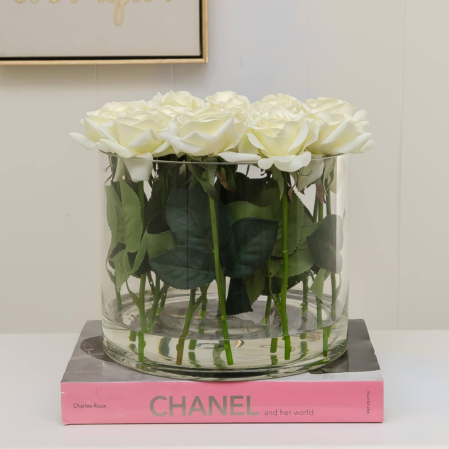 Large White Real Touch Rose Arrangement Cylinder - Flovery Main image