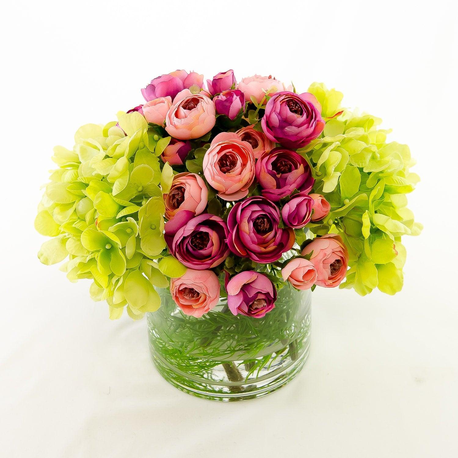 Real Touch Green Hydrangeas Pink Primeroses Arrangement - Flovery