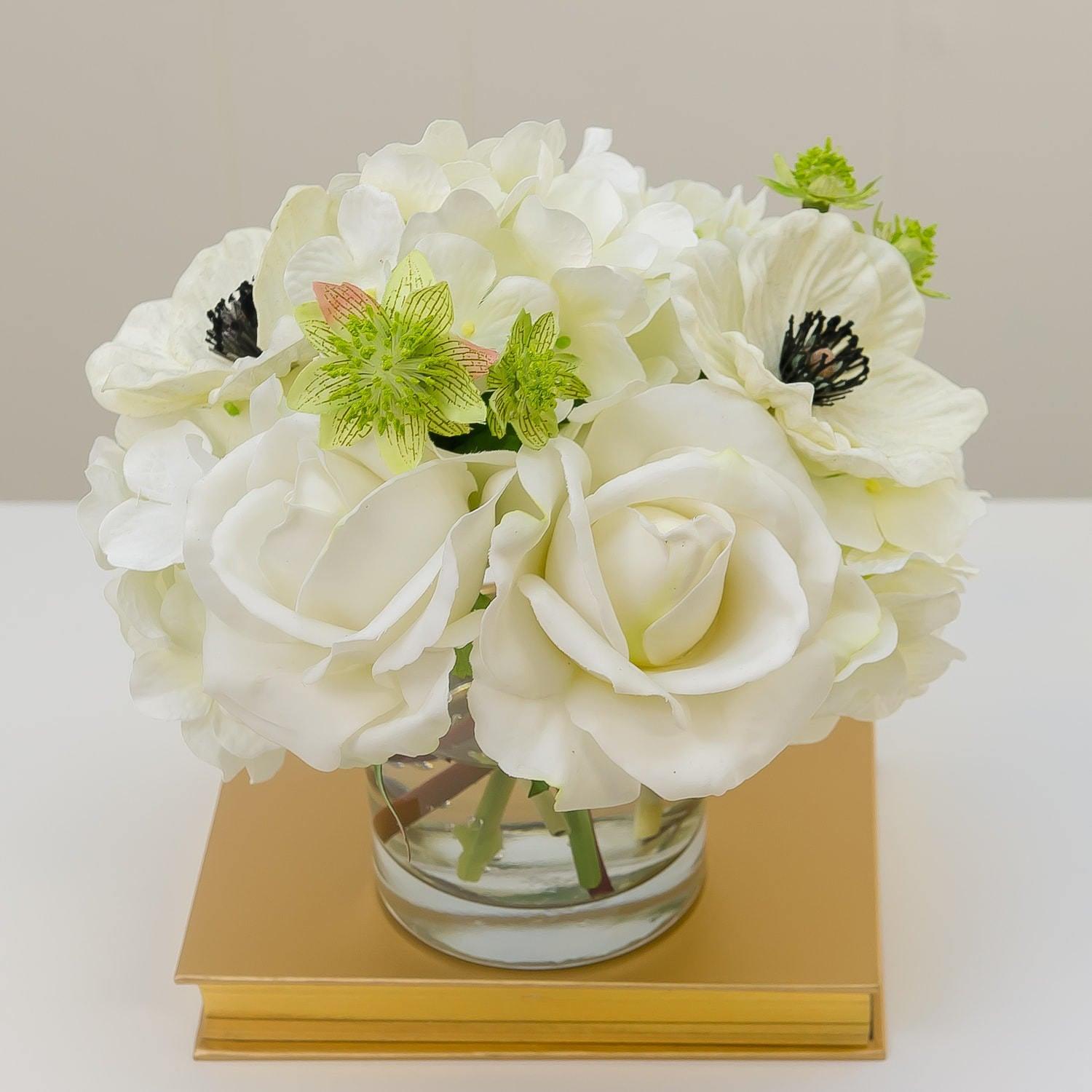 White Real Touch Rose Hydrangea Poppy Arrangement Secondary image