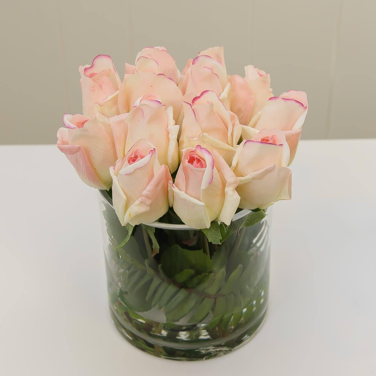 Real Touch Cream Tipped Pink Bud Rose Arrangement - Flovery