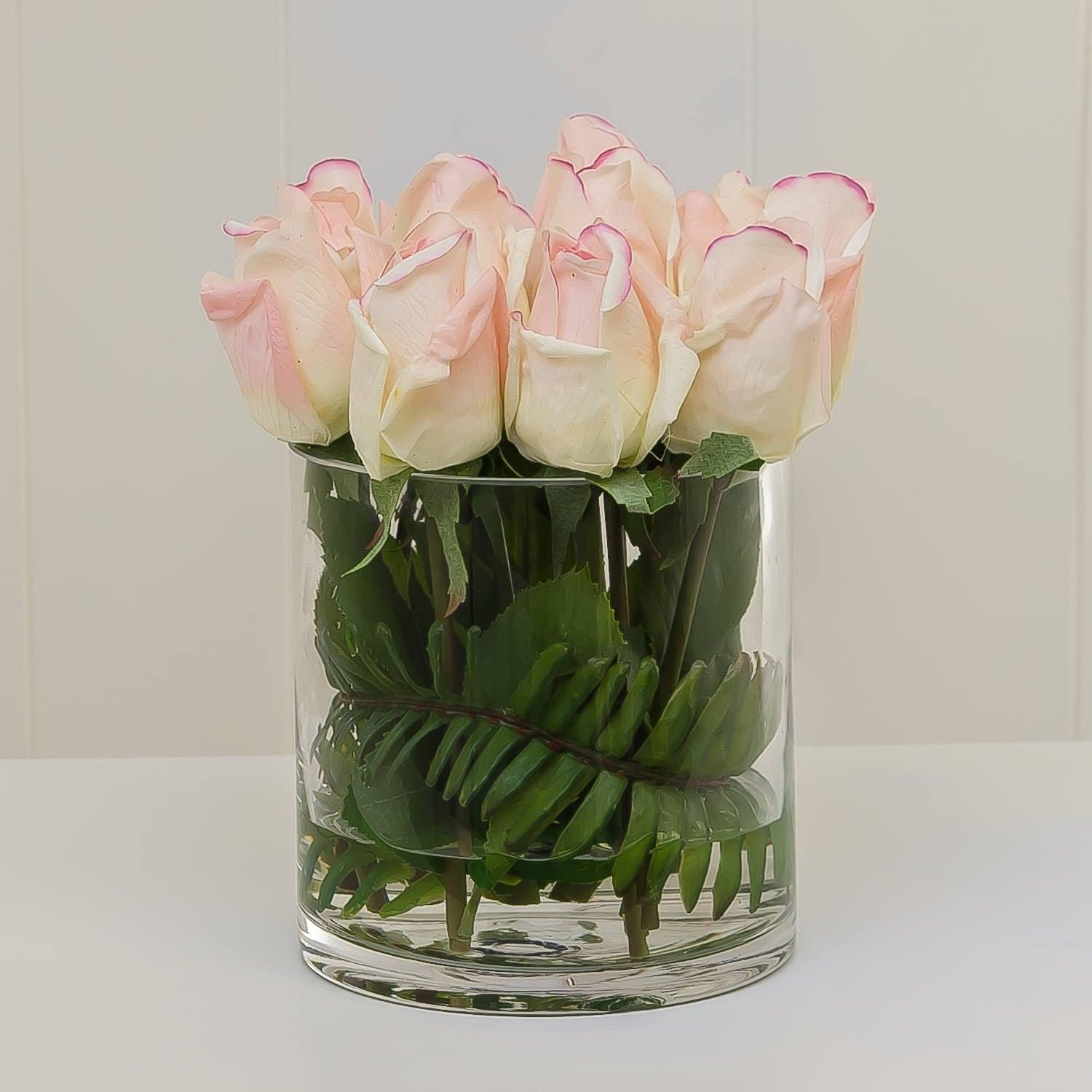 Real Touch Cream Tipped Pink Bud Rose Arrangement - Flovery