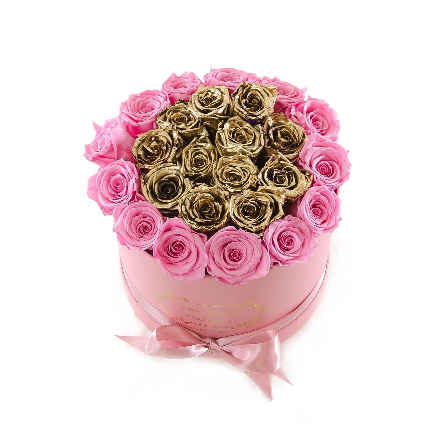 Medium Round Pink Box Pink Gold Roses - Flovery