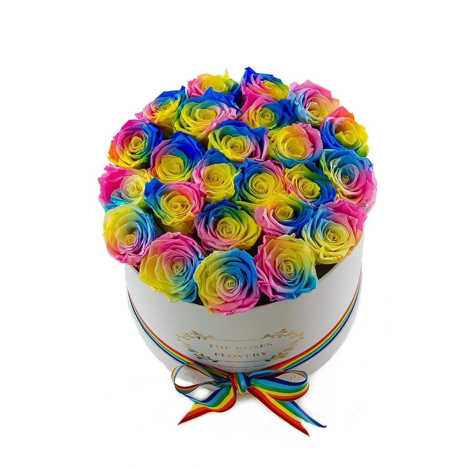 Medium Round White Box Rainbow Roses - Flovery Main image