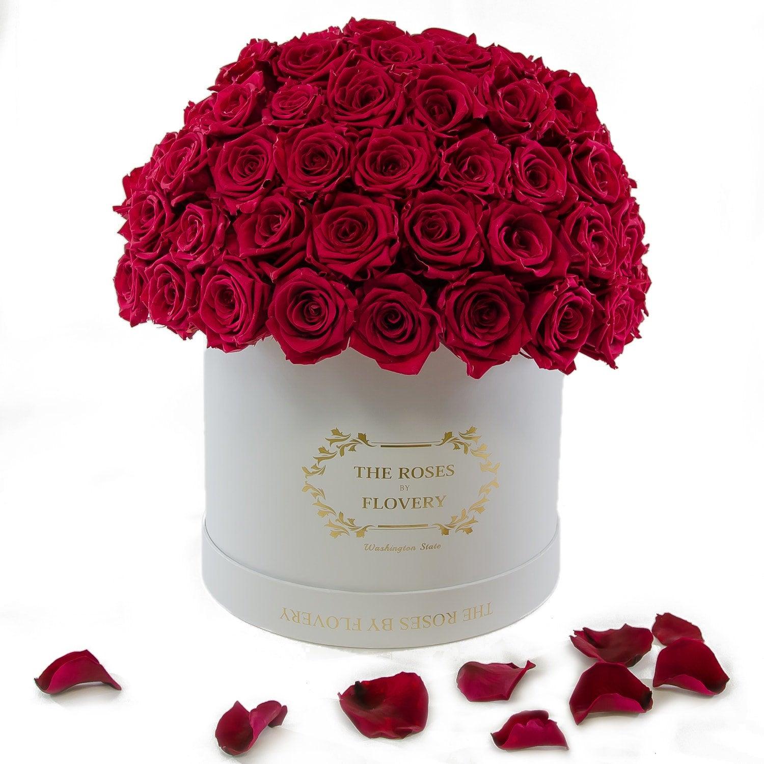 Dome 120 Red Roses White Box - Flovery