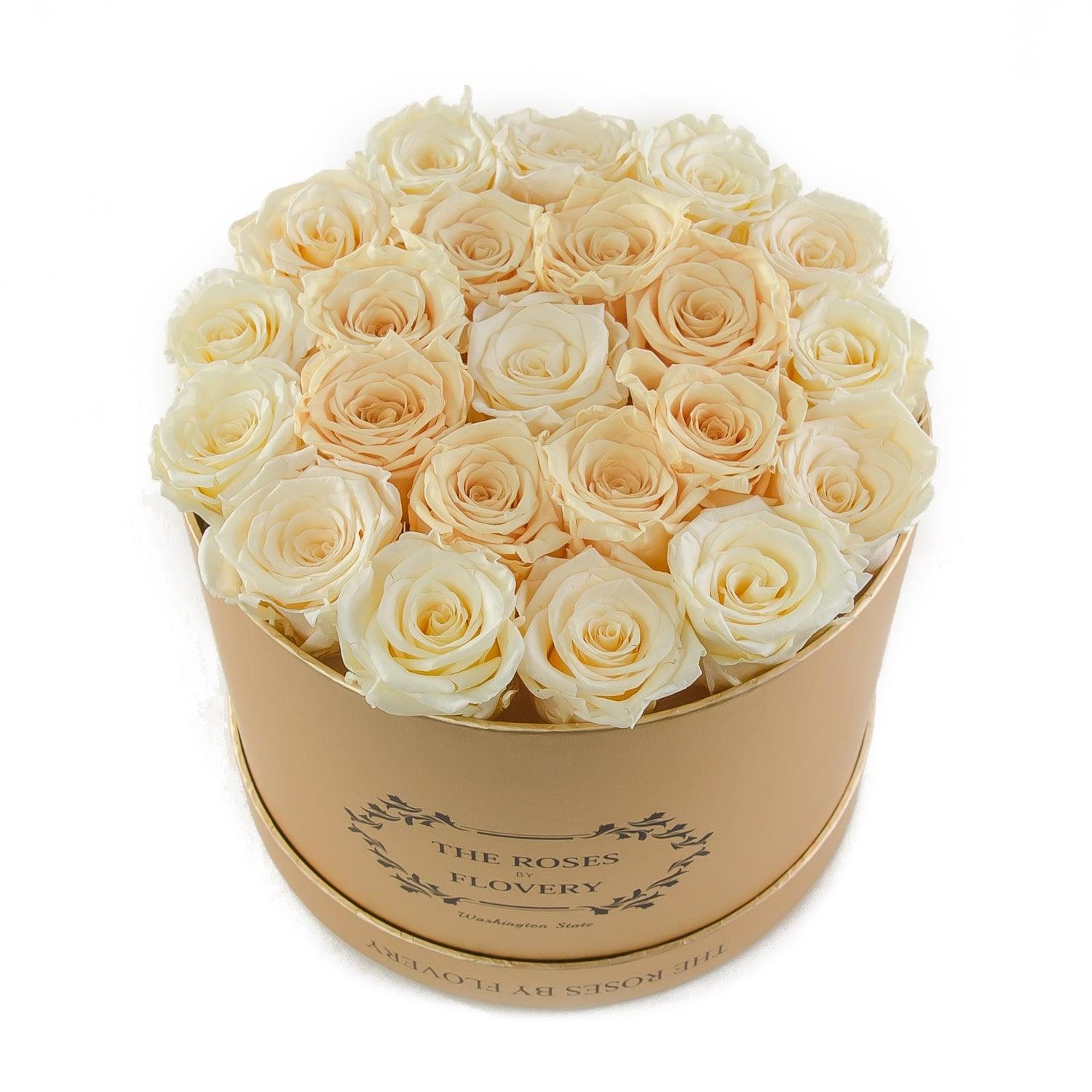 Medium Round Gold Box White Gold Roses - Flovery Main image