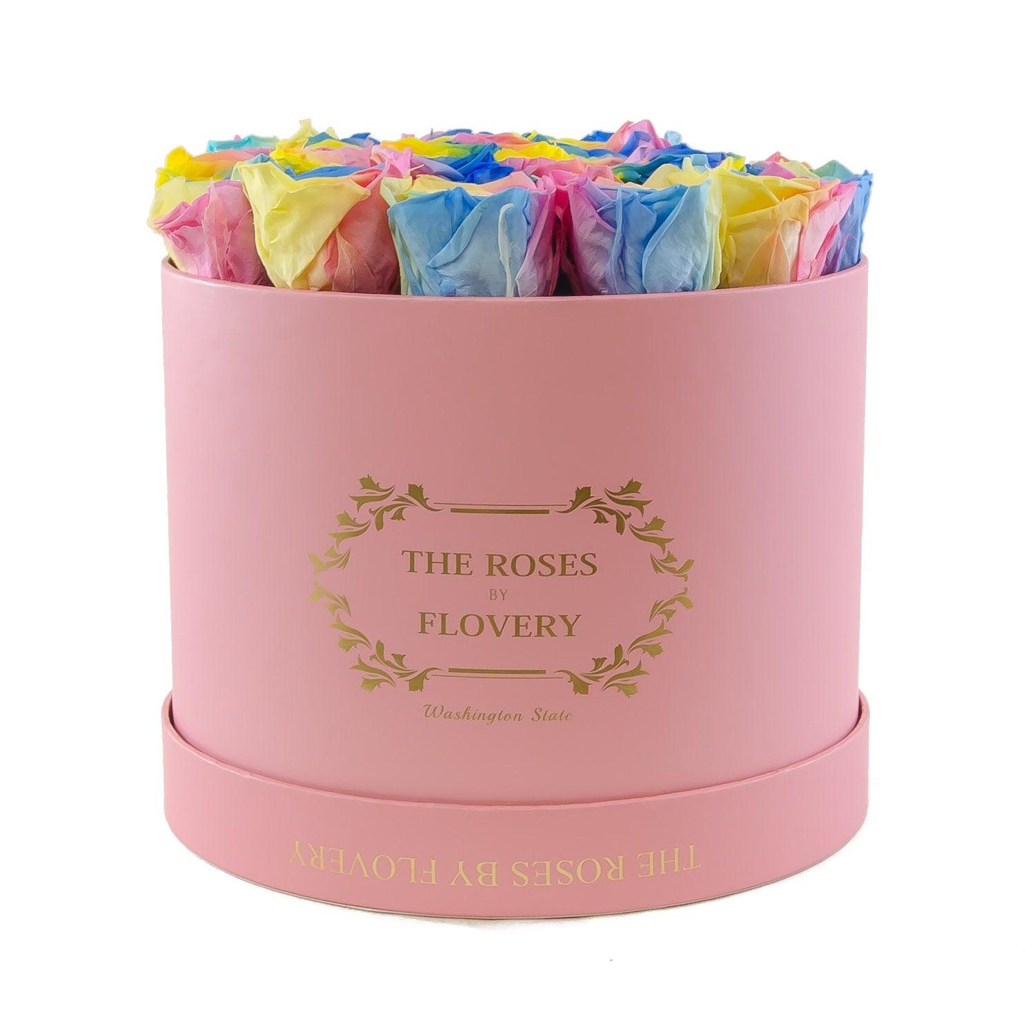 Medium Round Pink Box Rainbow Roses Secondary image