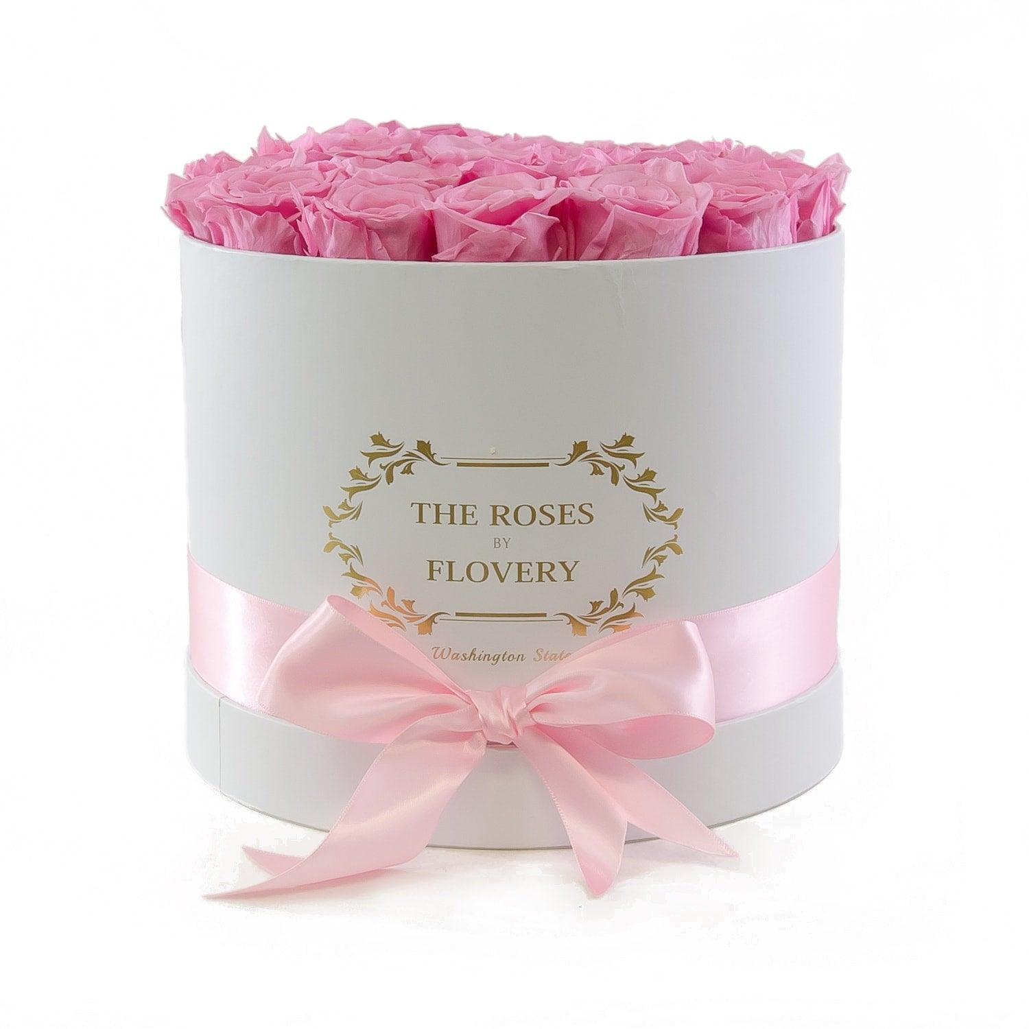 Medium Round White Box Pink Roses - Flovery Main image