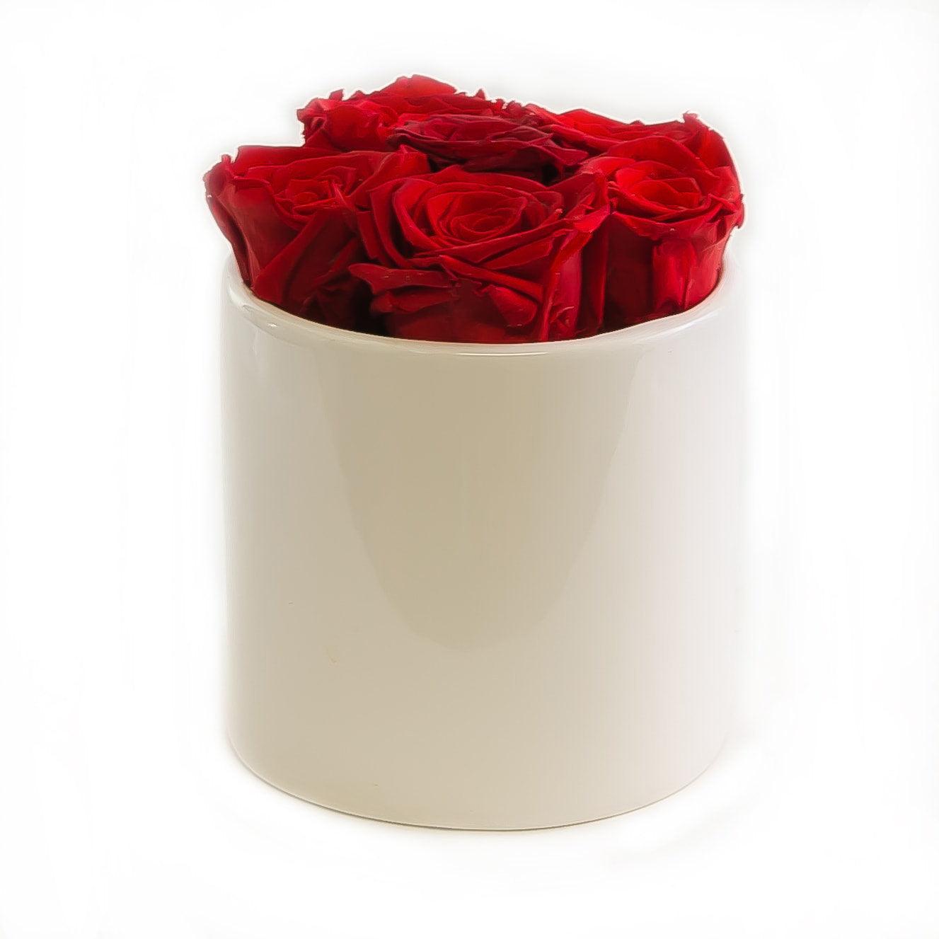 Red Preserved Roses White Ceramic Round Vase - Flovery