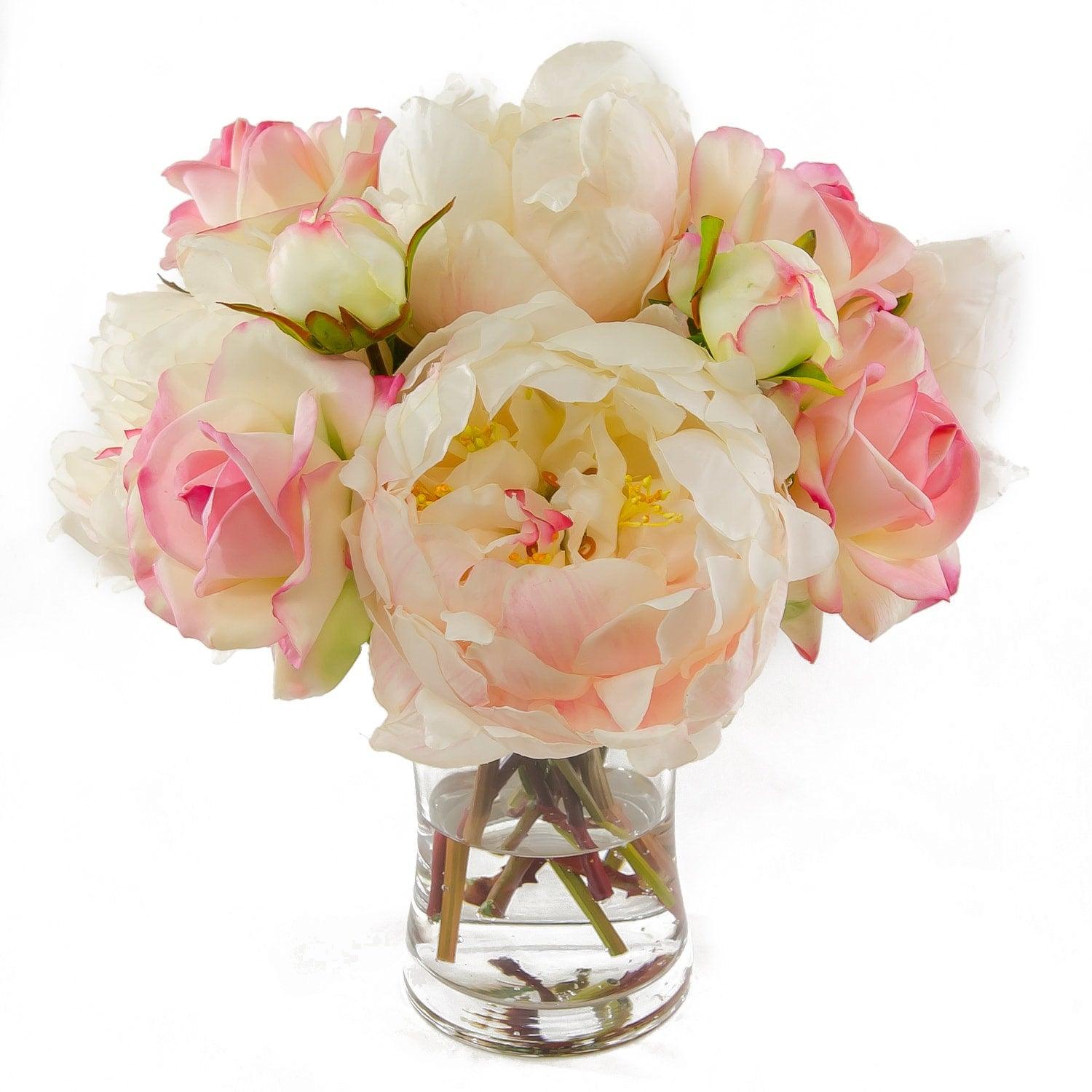 Real Touch Pink Roses Peonies Cylinder Arrangement - Flovery