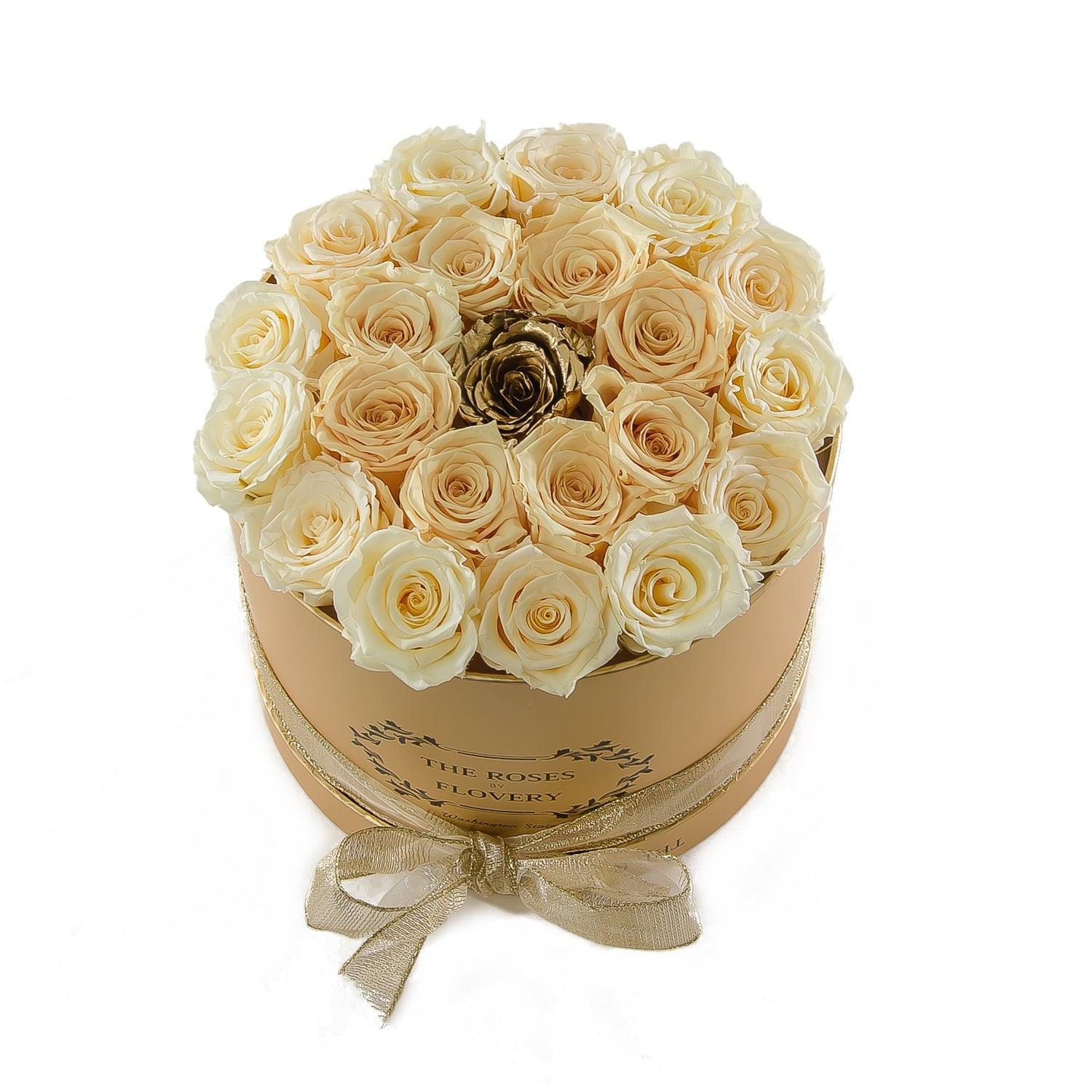 Medium Round Gold Box White Gold Roses - Flovery