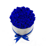 Medium Round White Box Blue Roses
