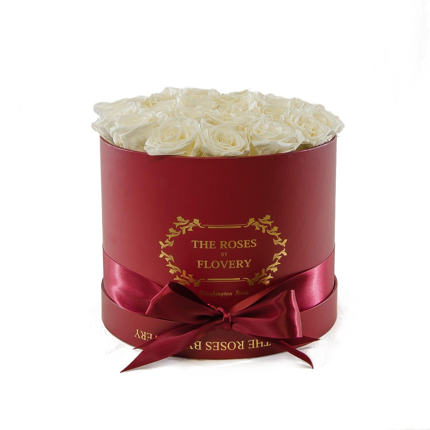 Medium Round Red Box White Roses - Flovery