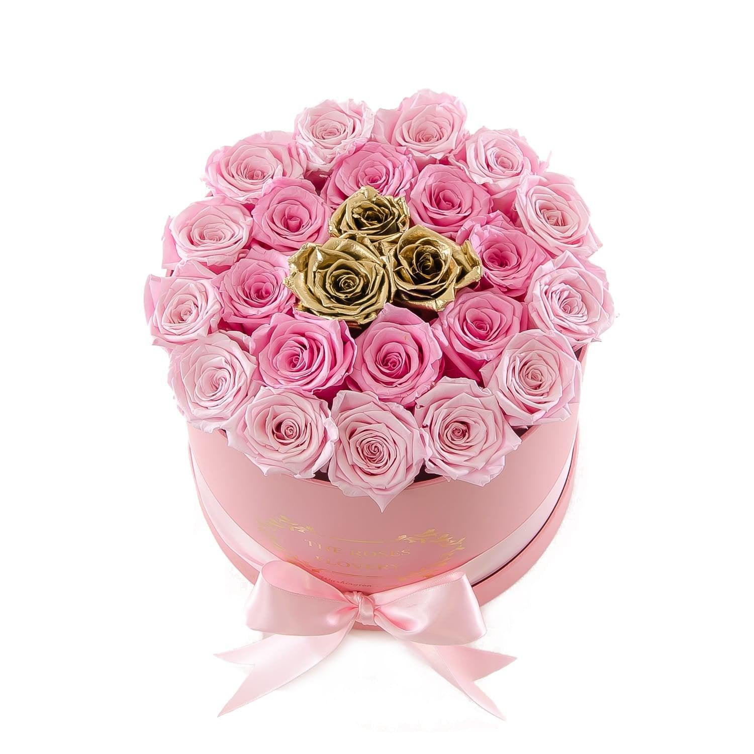 Medium Round Pink Box Dark Light Pink Gold Roses - Flovery Main image