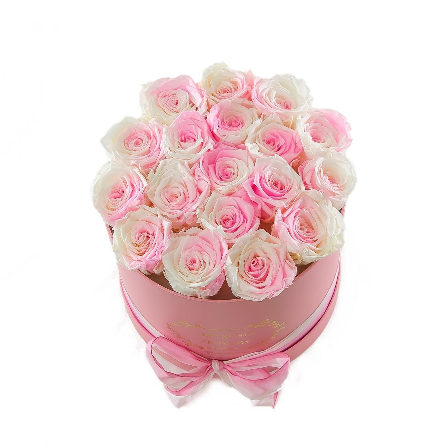 Medium Round Pink Box White Roses - Flovery Main image