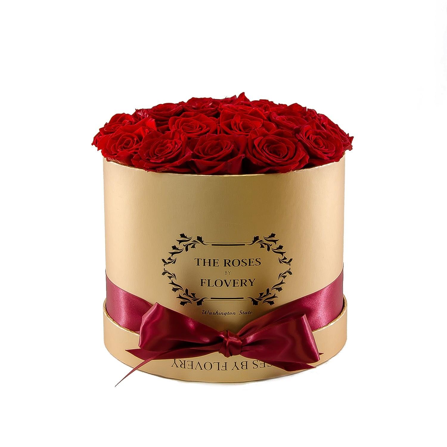 Medium Round Gold Box Red Roses - Flovery