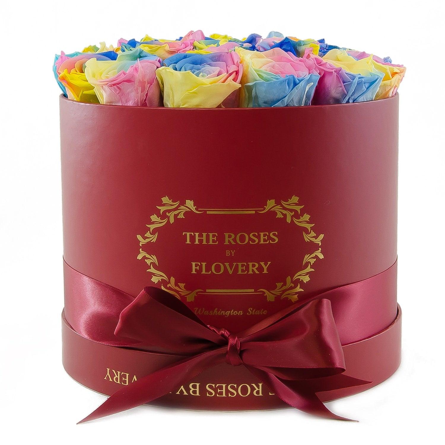 Round Red Box Rainbow Preserved Roses Secondary image