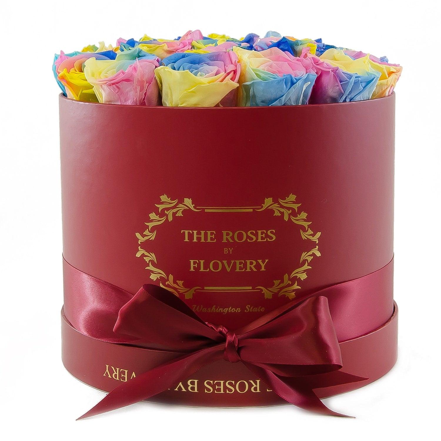 Round Red Box Rainbow Preserved Roses - Flovery