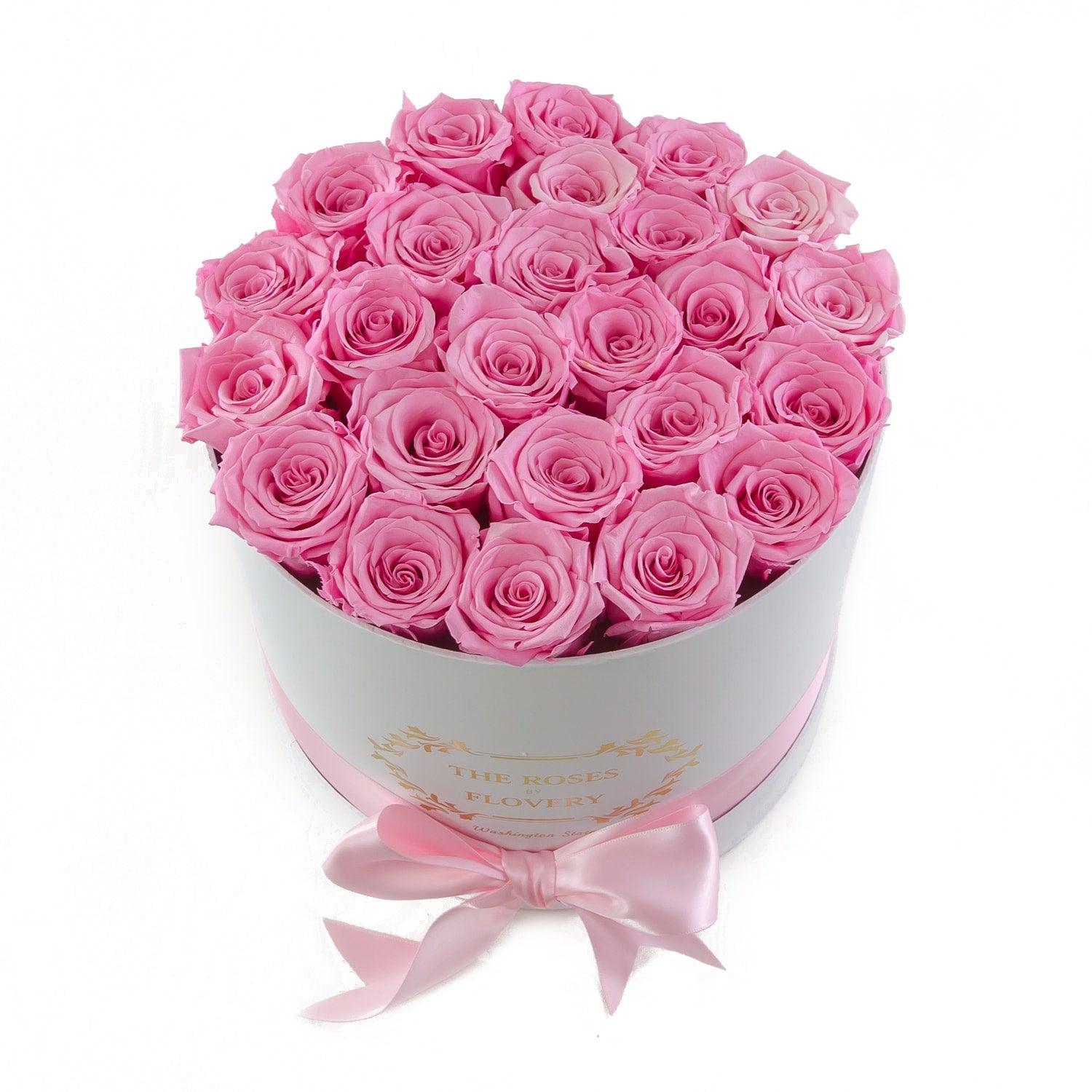 Medium Round White Box Pink Roses - Flovery