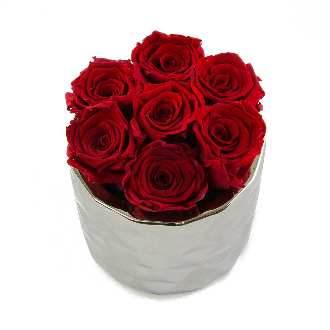 Red Preserved Roses Metallic Round Vase - Flovery