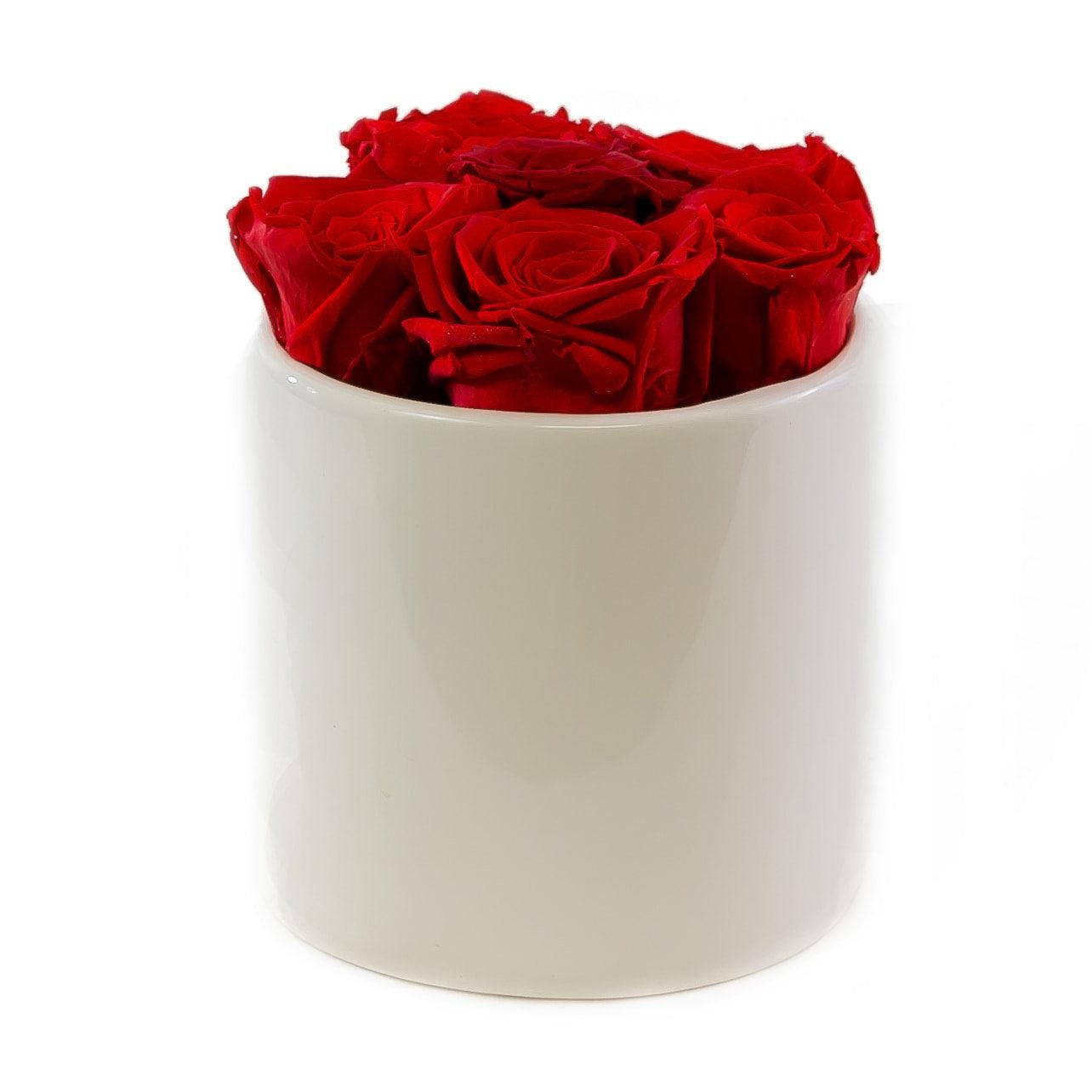 Red Preserved Roses White Ceramic Round Vase - Flovery