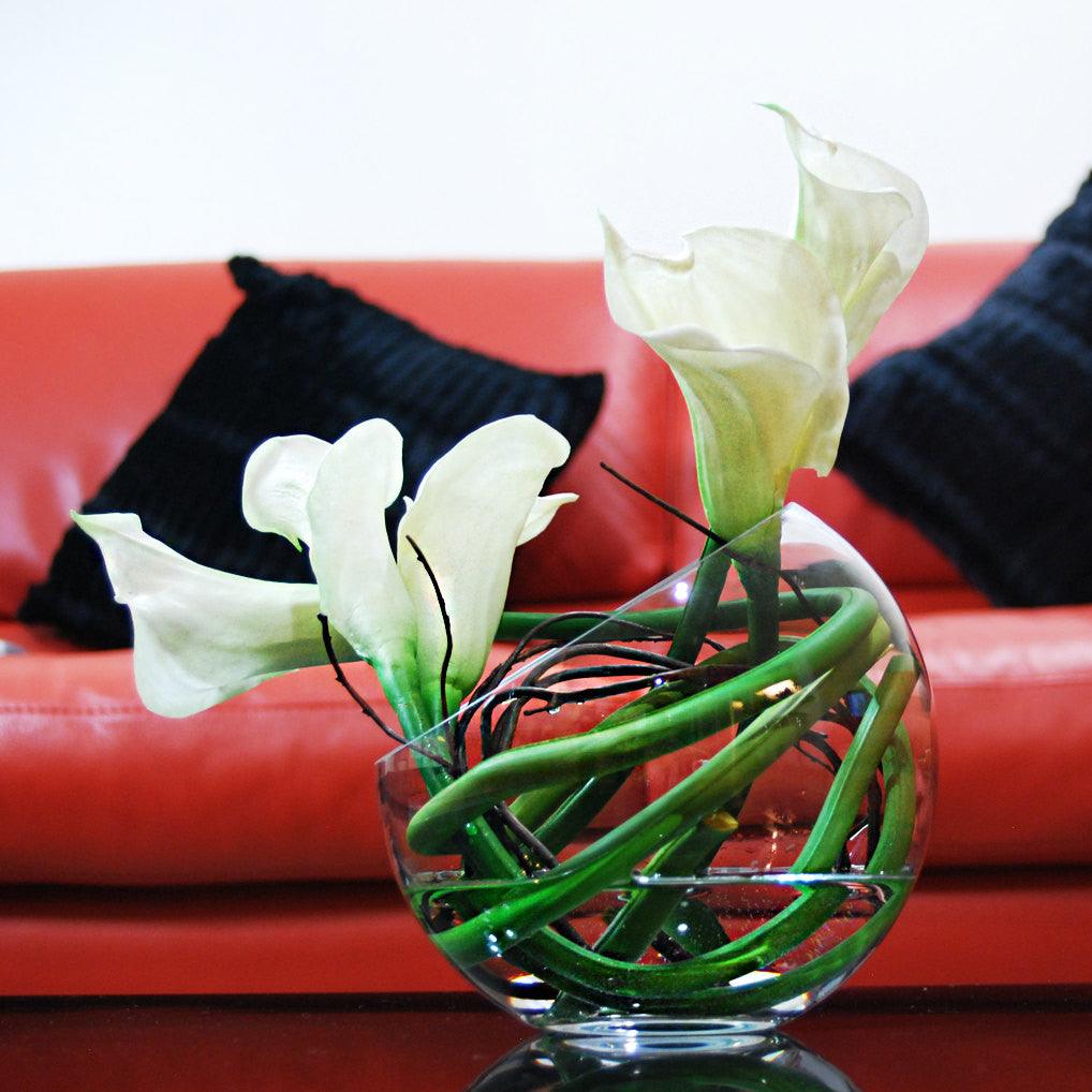 Real Touch White Calla Lily Round Glass Arrangement - Flovery