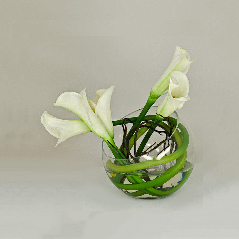 Real Touch White Calla Lily Round Glass Arrangement - Flovery