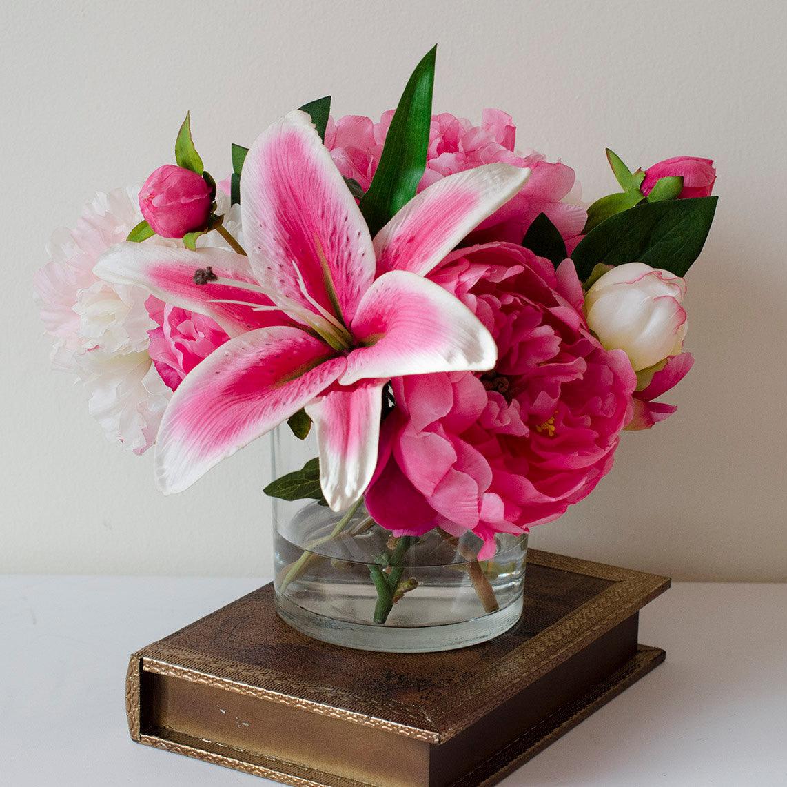 Silk Pink Peonies Casablanca Lily Fuchsia Arrangement - Flovery