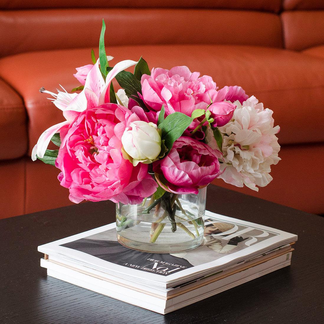 Silk Pink Peonies Casablanca Lily Fuchsia Arrangement - Flovery Main image