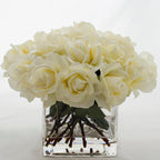 White Real Touch Rose Square Glass Arrangement - Flovery