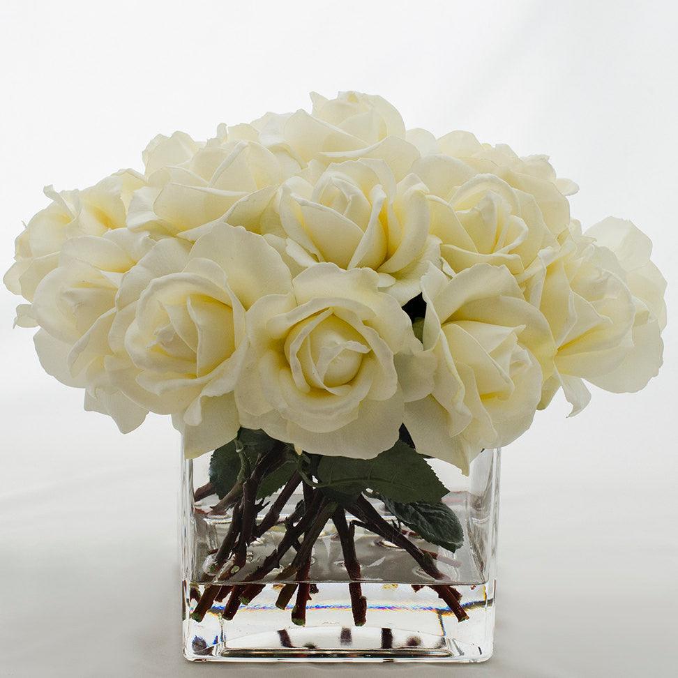 White Real Touch Rose Square Glass Arrangement - Flovery