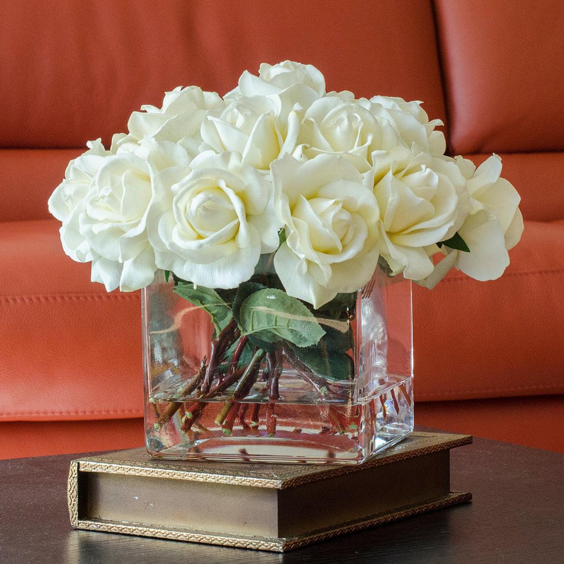 White Real Touch Rose Square Glass Arrangement Secondary image