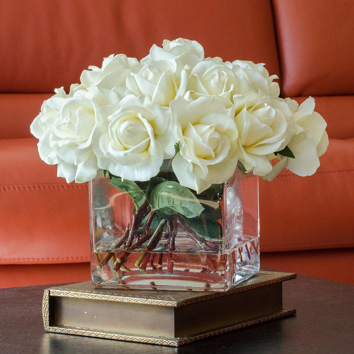 White Real Touch Rose Square Glass Arrangement - Flovery