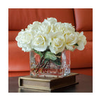 White Real Touch Rose Square Glass Arrangement - Flovery