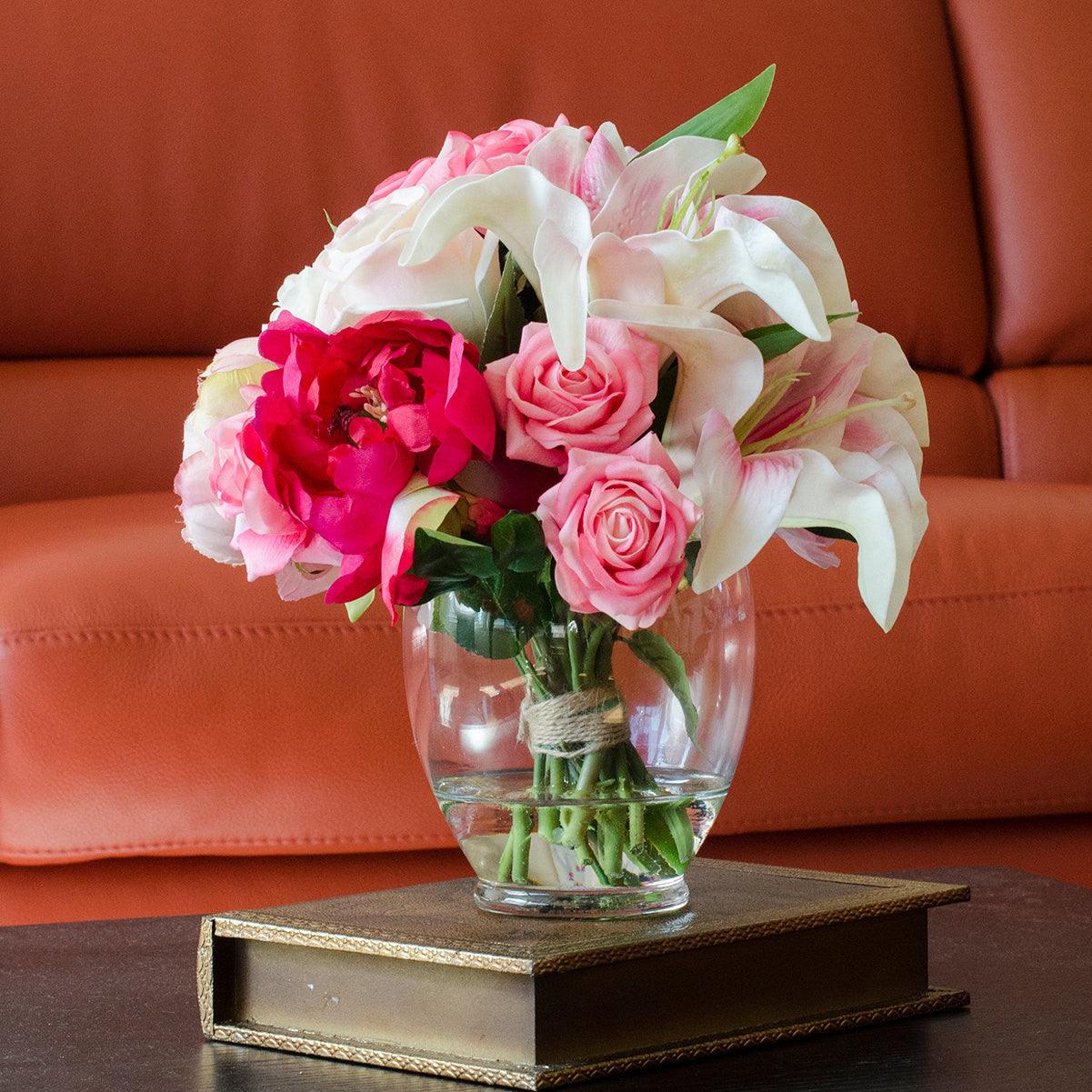 Real Touch Rose Cabbage Peony Pink Oriental Lily Arrangement Secondary image
