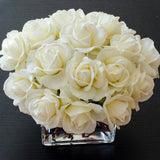 White Real Touch Rose Square Glass Arrangement - Flovery