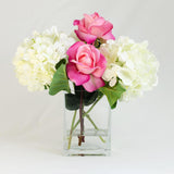 White Silk Hydrangea and Fuschia Pink Roses Arrangement - Flovery