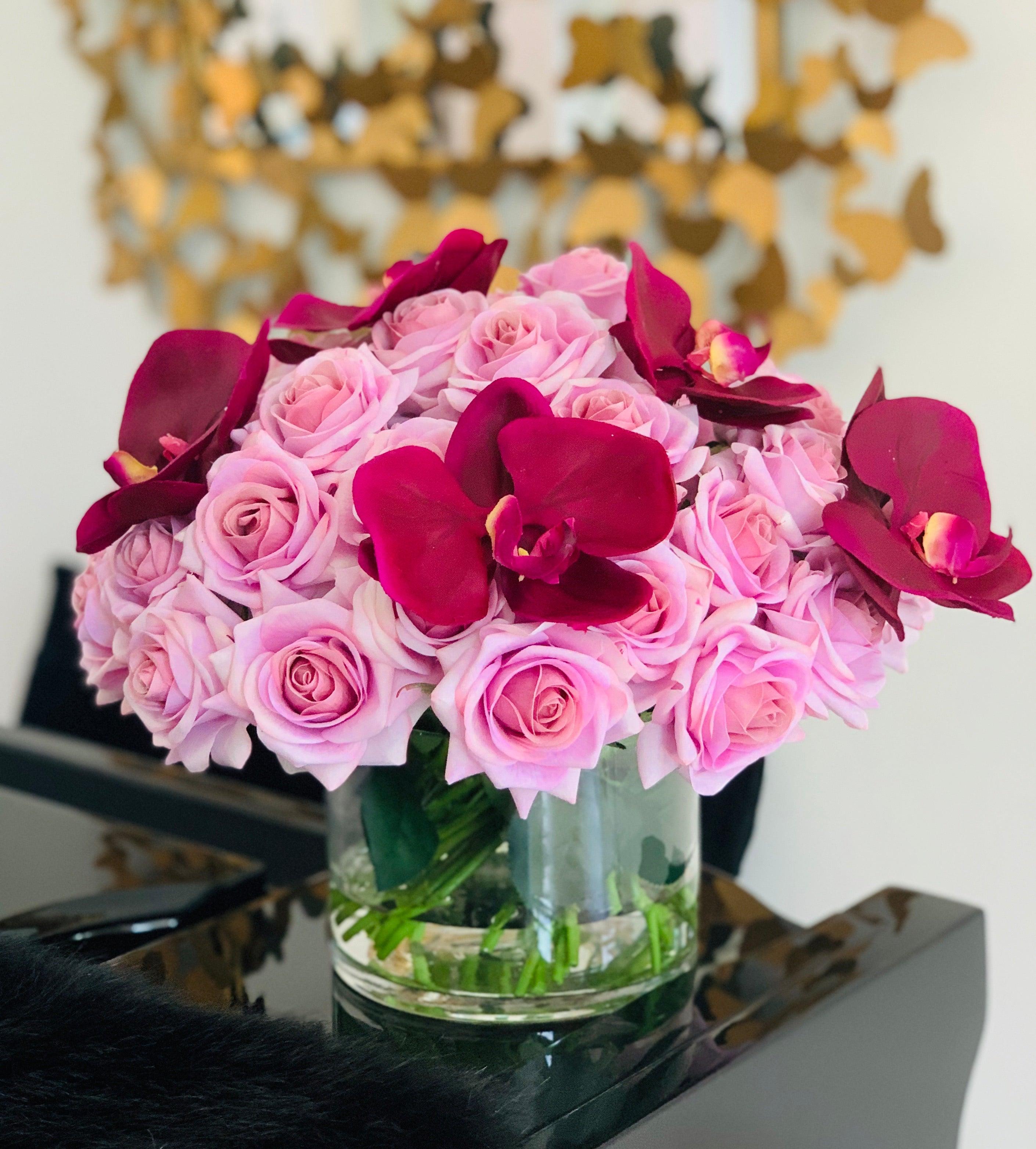 Faux Roses Orchid Large Arrangement in Glass Vase Secondary image