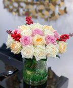 Real Touch Flowers Arrangement- White Cream, Purple Lavender Rose Arrangements- Flovery Everlasting Centerpiece - All Occasion-Home Decor - Flovery