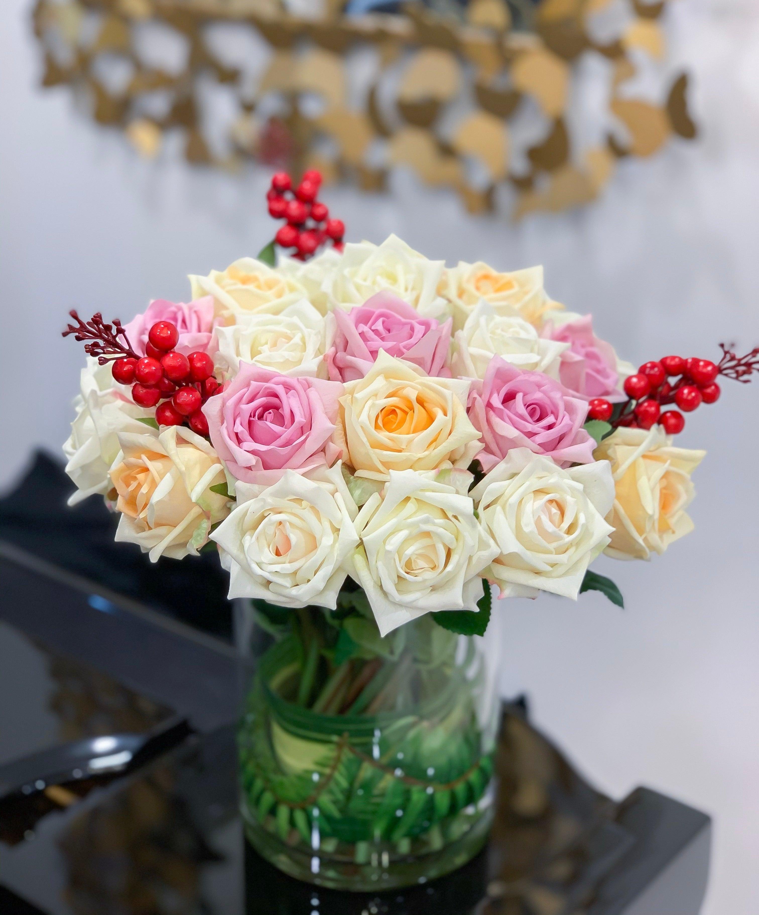 Real Touch Flowers Arrangement- White Cream, Purple Lavender Rose Arrangements- Flovery Everlasting Centerpiece - All Occasion-Home Decor - Flovery